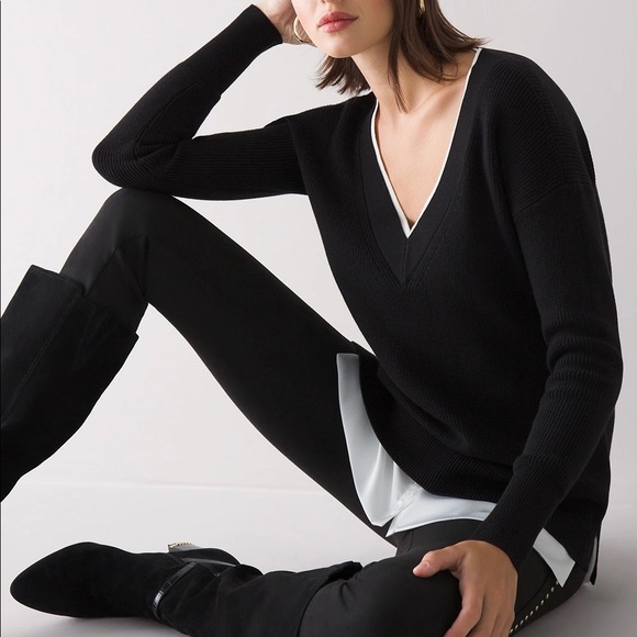 NWT White House Black Market Black Mixed Media V Neck Tunic Sweater NEW Sz XS - Picture 2 of 10